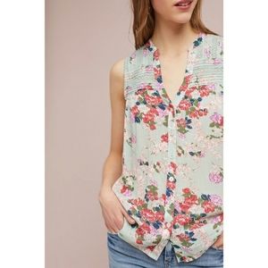 Anthropologie Meadow Rue pin tuck floral sleeveless button up blouse size 6